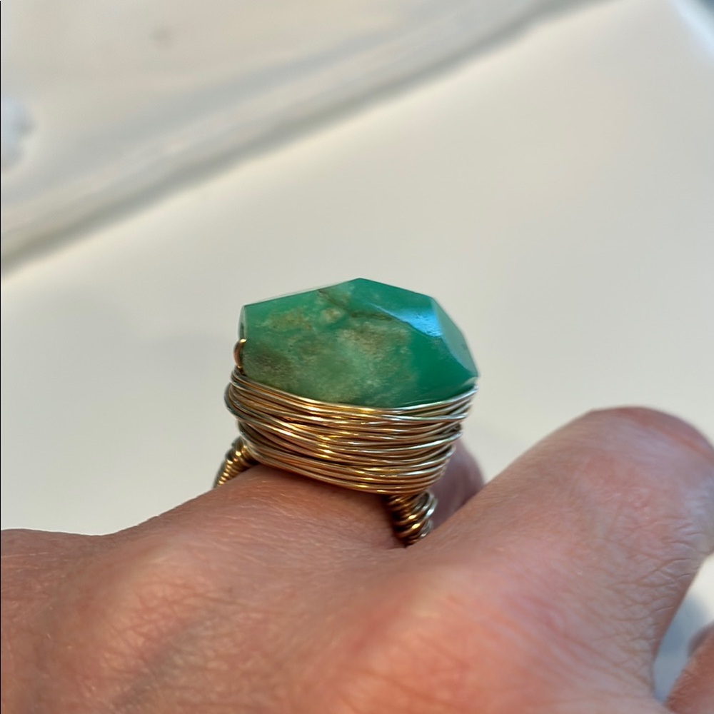 Gold Wire Wrapped Green Stone Ring - Picture 9 of 12